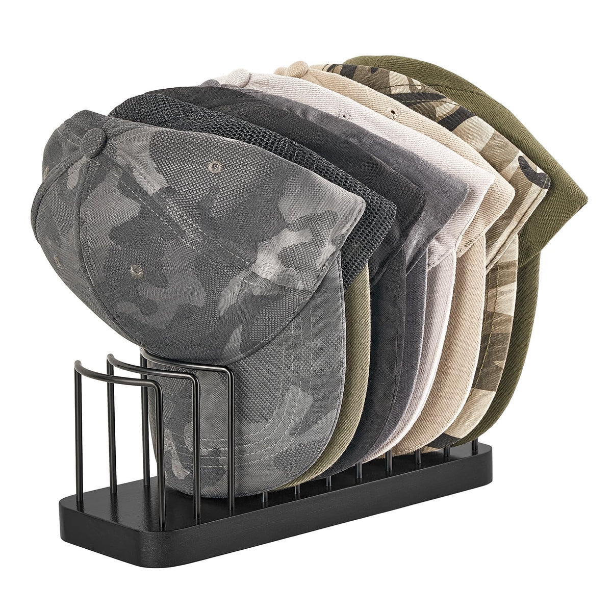 Mkono Hat Organizer for Baseball Caps, Hat Holder for 10 Baseball Caps, Tabletop Hat Rack Stand Hat Storage Display Cap Organizer for Desk Closet Shelf Dresser (Black, Small)