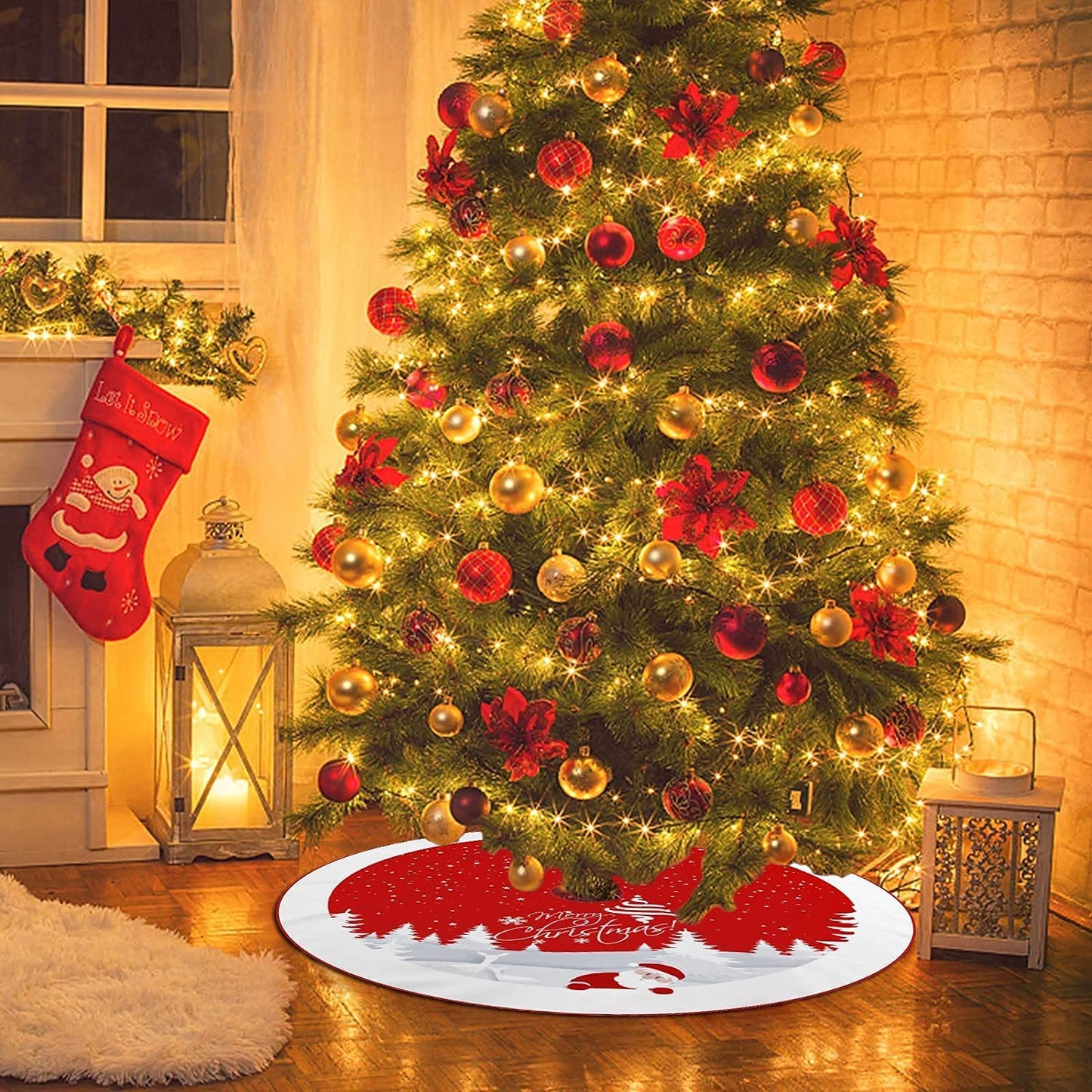 Christmas Tree Skirt Red Xmas Tree Ornaments for White Soft Plush Christmas Tree Mat with Snowy Pattern for Decorations Holiday Party 48 inches