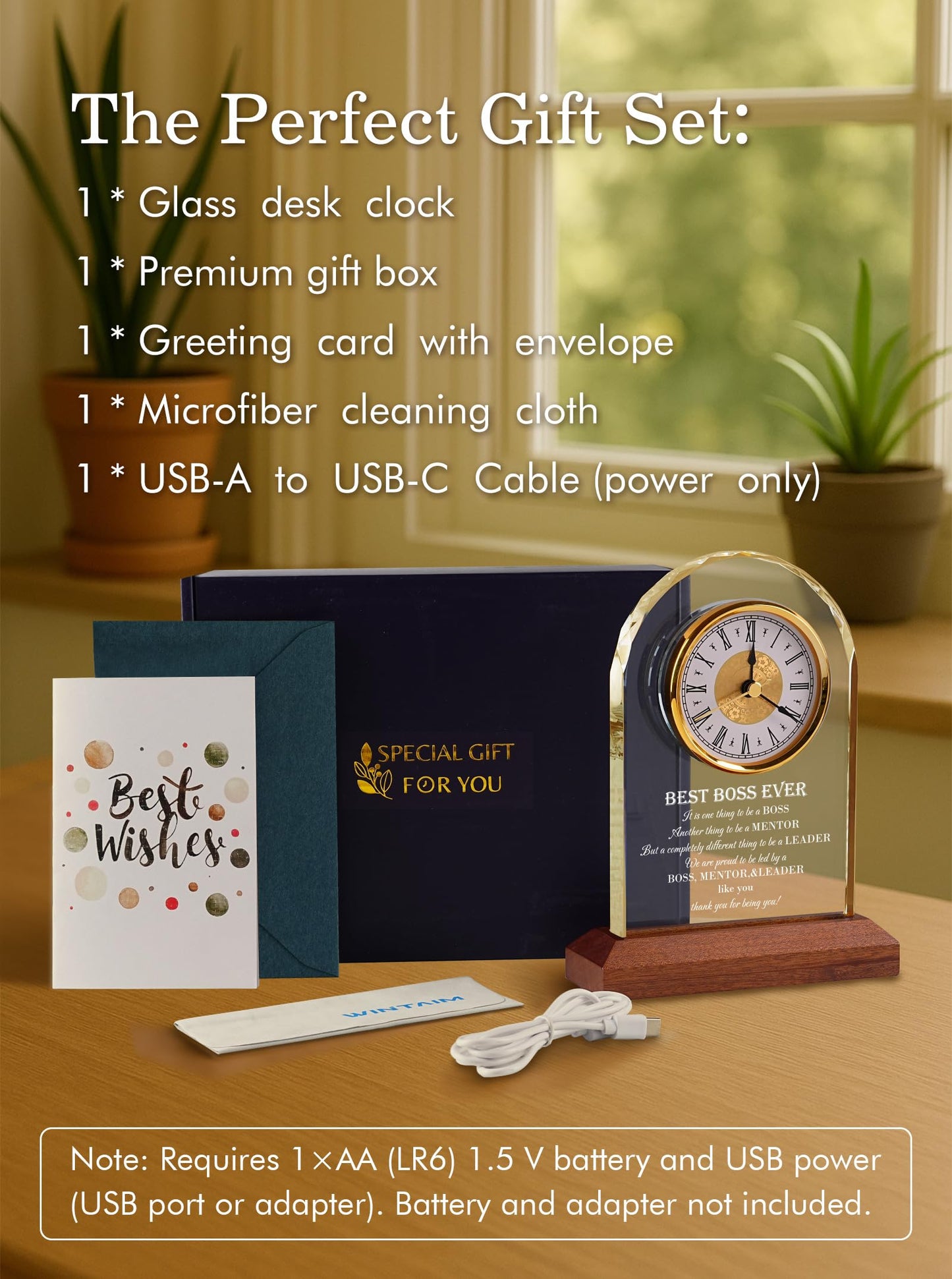 Best Boss Ever Gifts for Men & Women — Glass Desk Clock with Wooden Light Base | Boss Appreciation & Retirement Farewell for Male/Female Boss, Boss’s Day Idea, Office & Home Decor, Card & Gift Box