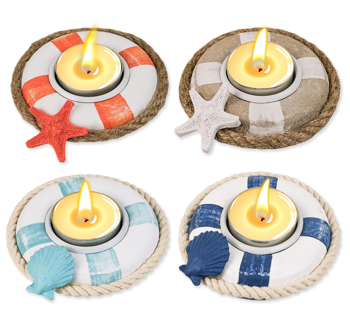 SAILINGSTORY Wooden Life Ring Tealight Candle Holder Nautical Coastal Beach Decor Votive Candle Holder Set of 4 Pack