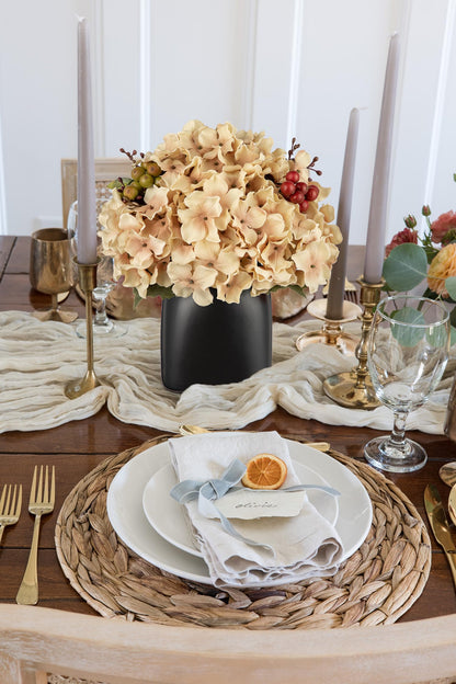 Briful Hydrangea Artificial Flowers in Ceramic Black Vase, Beige Silk Hydrangea Centerpieces for Tables, Realistic Dining Table Vase with Flowers for Farmhouse Home Decor Indoor