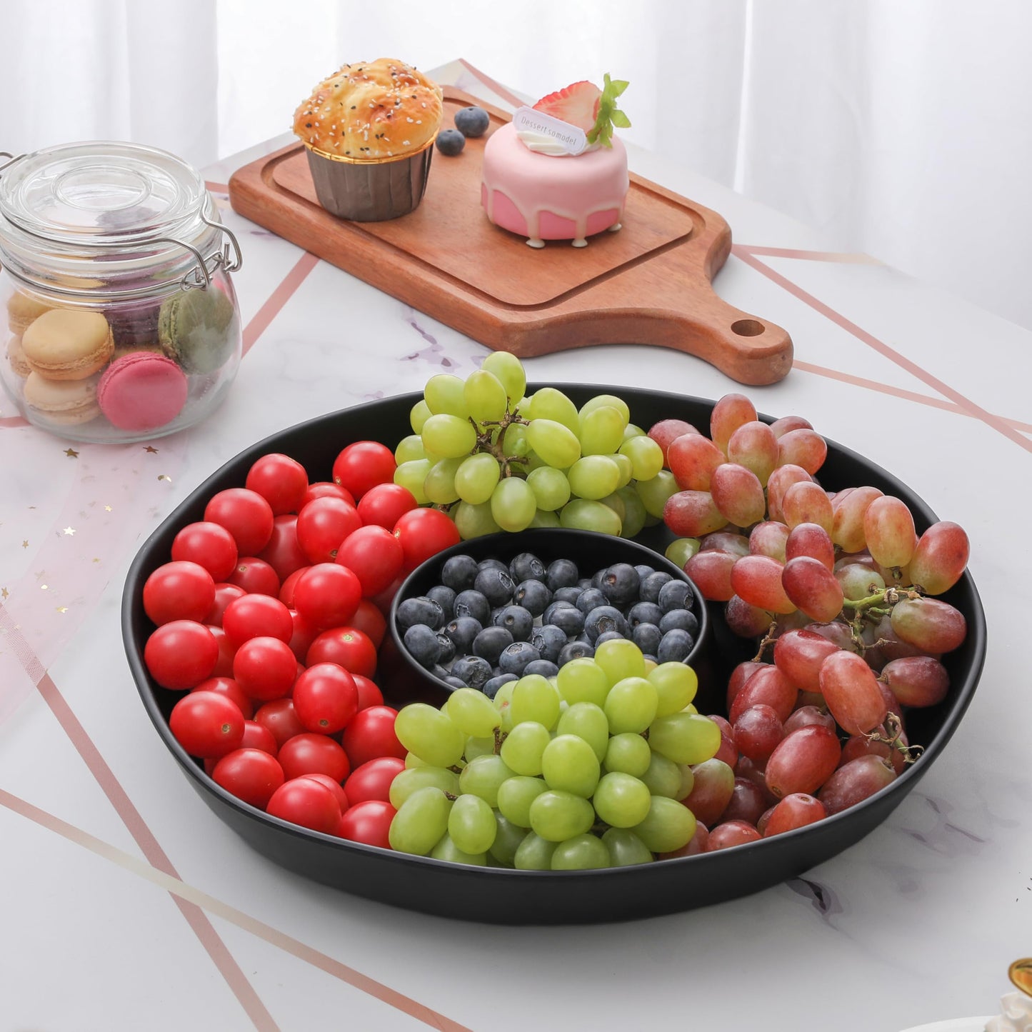 ZAROCRUS Chip & Dip Serving Set, 2 PCS Divided Cheeses Serving Platter, Relish Tray, Round Compartment Appetizer Set for Chips and Dip, Veggies, Candy and Snacks, Black, Set of 2
