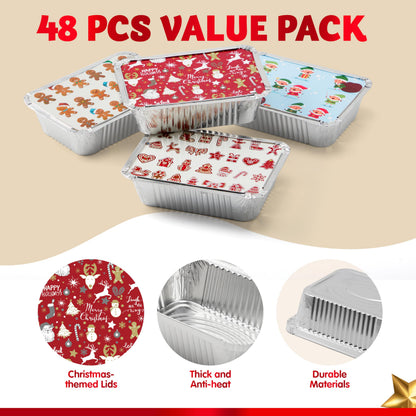 JOYIN 48 Pcs Christmas Cookie Tins with Lids for Gift Giving, Rectangular Treat Foil Containers, Disposable Food Storage Pan for Holiday Leftovers Goodie Container or Cookie Exchange