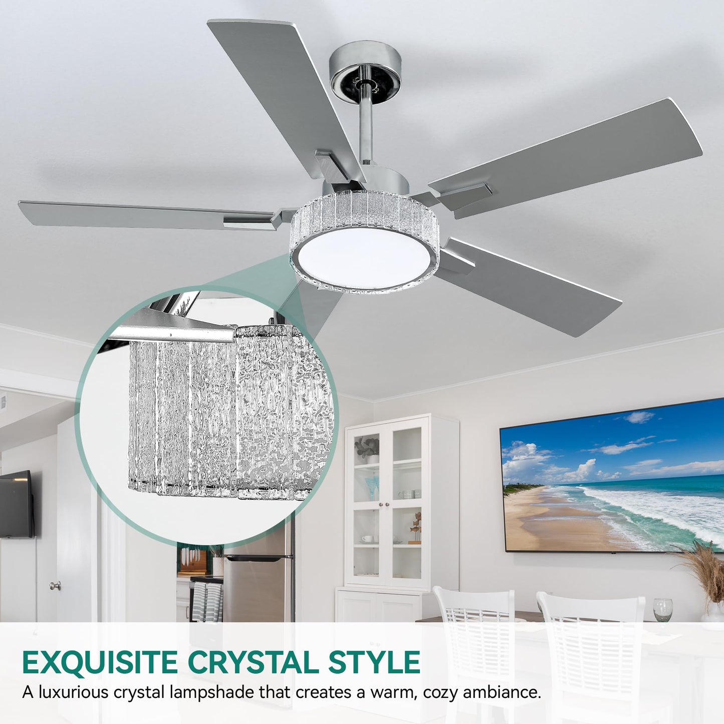 YITAHOME 52 Inch Chandelier Ceiling Fans with Lights and Remote/App, Smart Ceiling Fans Compatible with Alexa, Reversible Quiet DC Motor, Dual Finish Blades, Dimmable Lighting for Living Room, Nickel