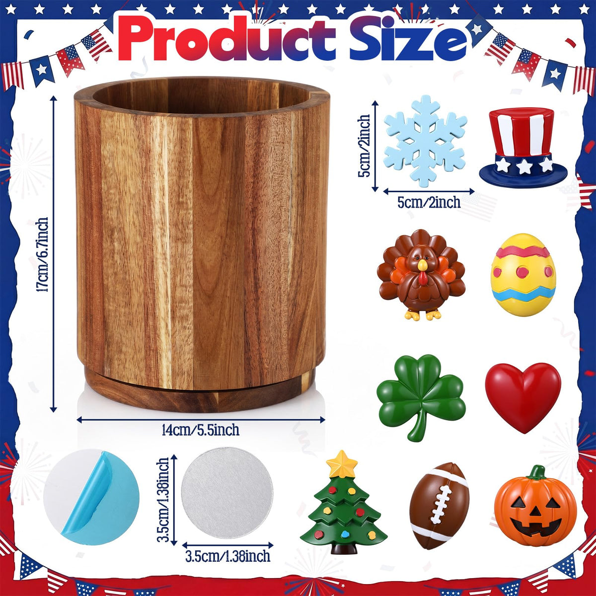 Roowest Seasonal Kitchen Decoration Interchangeable Acacia Wood Utensil Holder for Kitchen Counter 360° Rotating 6.7" Wooden Cooking Utensil Crock with Magnetic Ornament for Countertop Farmhouse