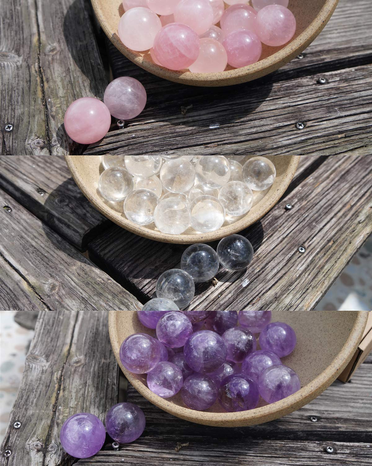MIMOSA Crystal Spheres Set of 3,Amethyst/Rose Quartz/Clear Quartz