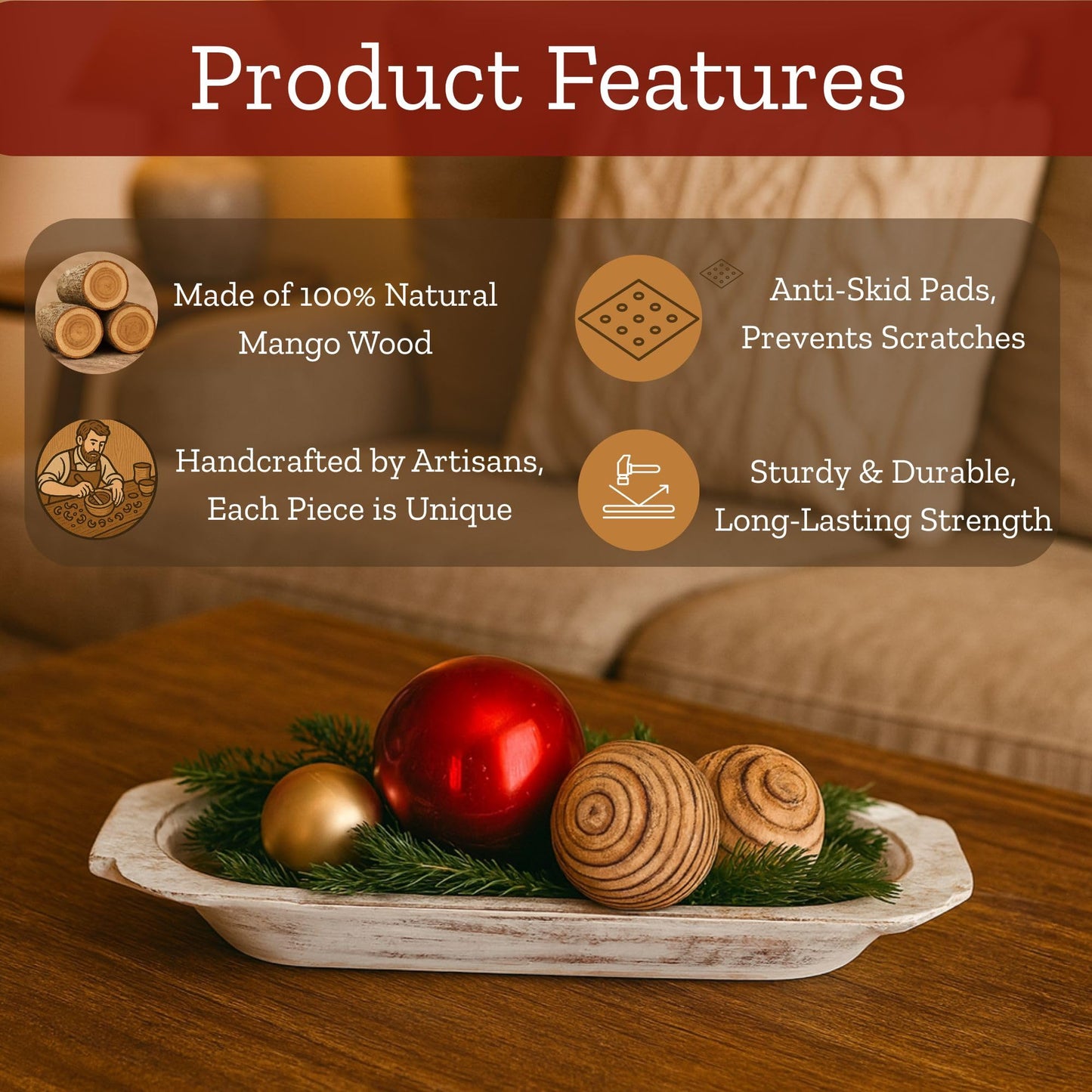 Mie Creations 16'' Large Wooden Dough Bowl for Decor, Farmhouse Decorative Centerpiece Oval Dough Bowls for Table | Handmade Long Wood Bowl, Thanksgiving Christmas Dining Decorations-Shabby Chic White