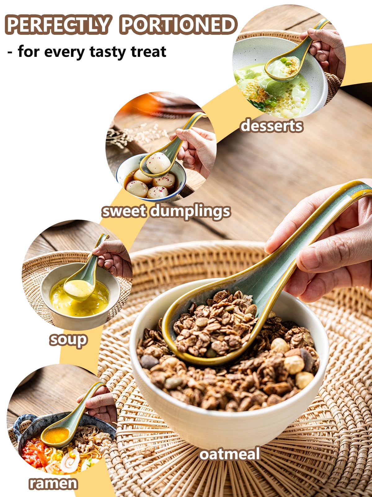 Gomakren Soup Spoons Set of 6, Asian Soup Spoons 6.5 Inch Ramen Spoons, Father's Day Christmas Ceramic Chinese Spoon Set for Soup, Cereal, Pho, Noodles, Dumpling, Dishwasher Safe, Blue-Green