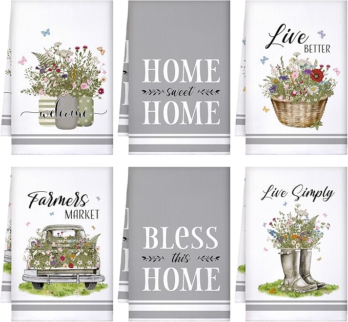Boyiee Set of 6 Floral Kitchen Towels Wildflower Dish Towels Butterfly Truck