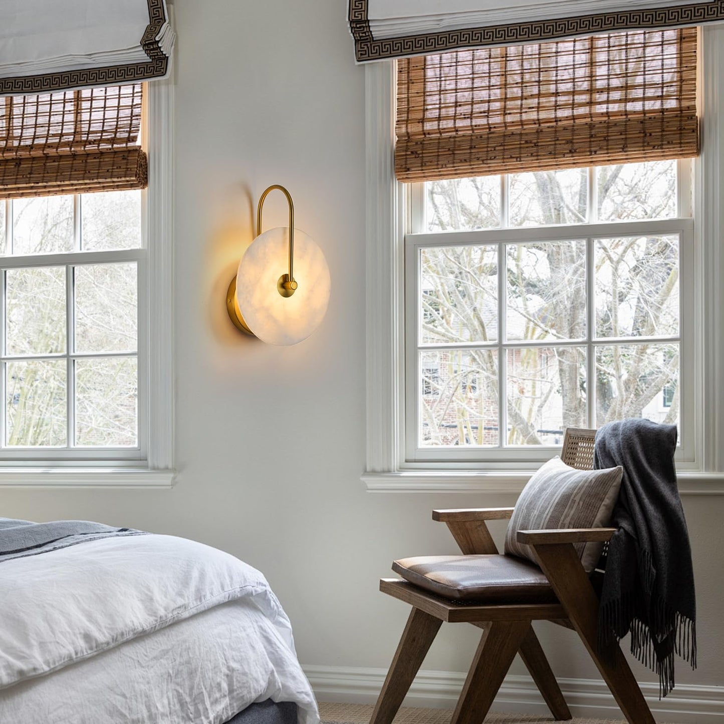 Fanyank Round Alabaster Wall Sconce Set of Two, Natural Marble Lampshade Wall Sconce, Hardwired Circular Sconce LED Modern Wall Lamp for Bedroom, Stairs, Living Room, Bedside, Hallway