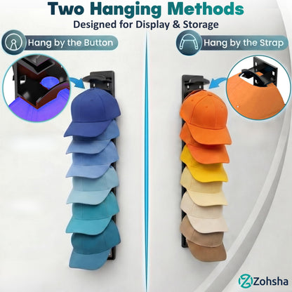 2 Pack Hat Organizer for Baseball Caps, Hat Rack with Strong Adhesive, Wall Mounted Hat Hooks for Hat Storage Display, Holds up to 20 Hats, Multi-Layer Cap Organizer for Closet Door and Bedroom(Black)