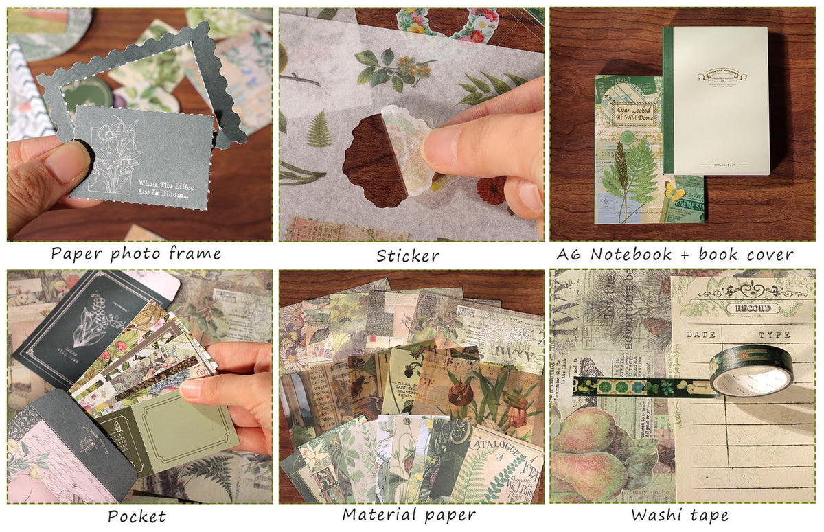 Draupnir Scrapbooking Supplies Kit,Vintage Botanical Aesthetic Scrapbook Kit for Junk Journal, Stationery,Bullet A6 Grid Notebook DIY Scrapbook Birthday Craft Gift for Teen Girl Kid Women