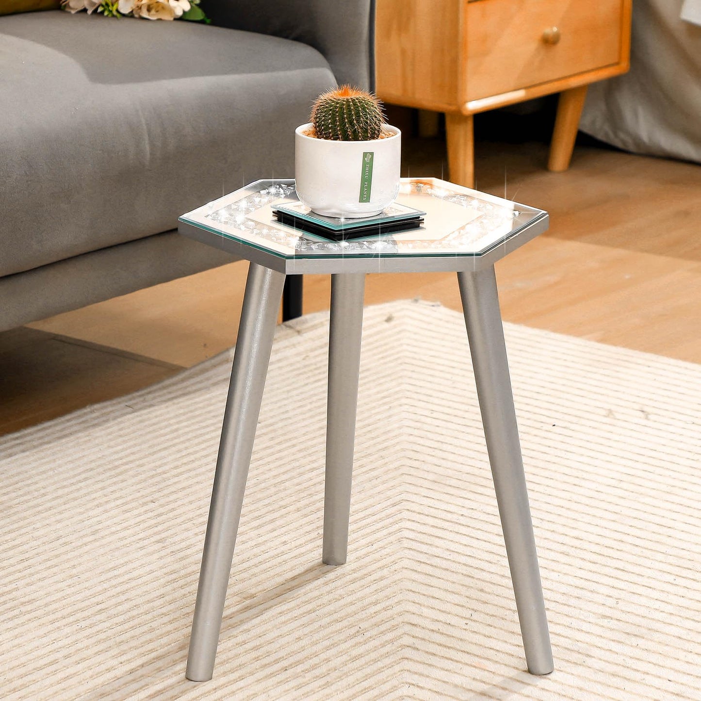 Weysat 3 Pcs Mirrored End Table with Glass Coaster Modern Silver Accent Table Bling Mirror Side Desk Crushed Crystal Coasters Crushed Diamond Cup Mat for Living Room Kitchen (Hexagonal)