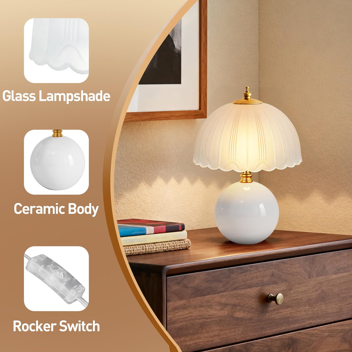 PARTPHONER Mushroom Table Lamp, Ceramic Bedside Lamp with Glass Shade, 3-Way Lighting (2700K-5000K) Rocker Switch, Small Nightstand Lamp for Bedroom, Living Room, Office, White