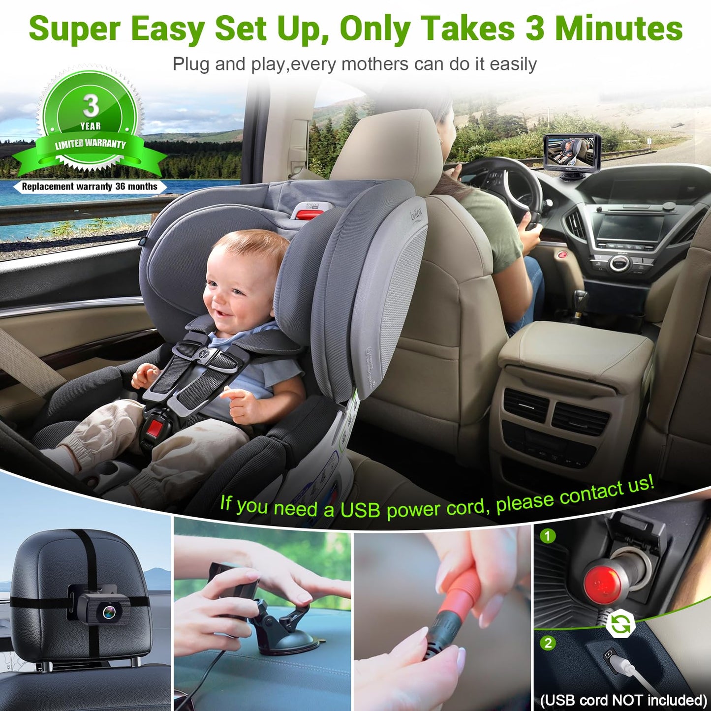 Baby Car Camera HD 1080P Baby Car Mirror 5 Mins Easy Installation Crystal Night Vision Infant Travel Safety Kit Rohent N06, Black, 4.3 Inch Screen