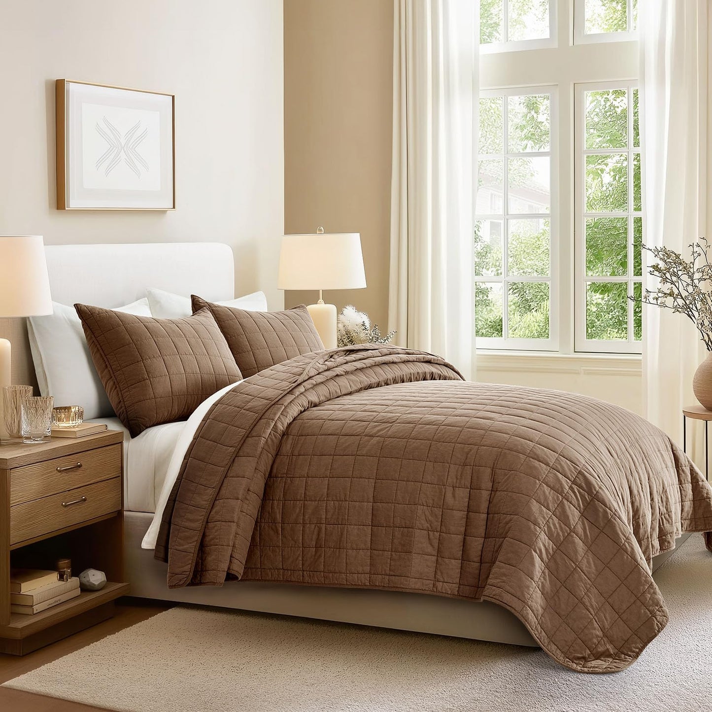 EVERGRACEHOME 100% Cotton Box Stitch Quilt Bedding Set Queen Size 3 Pieces, Garment-Washed Lightweight Soft Cozy Coverlet, Quilted Bedspread Sets with 2 Shams for All Season, Sienna Brown