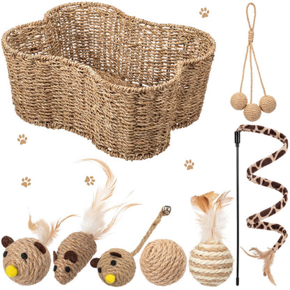 Leitee 16 x 12.8 Inch Mother‘s Day Bone Shaped Seagrass Wicker Basket with 8 Pcs Cat Toy, Cat Storage Basket Gift Set with Sisal Ball Mice Feather Stick, Interactive Toys for Indoor Cats and Kittens