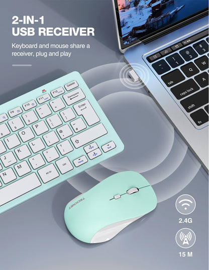 TECKNET Mini Wireless Keyboard and Mouse Set, 2.4G Cordless USB Keyboard and Silent Mouse Comb with Nano USB Receiver, 12 Multimedia Shortcuts for Computer, PC, Laptop, Desktop, Green