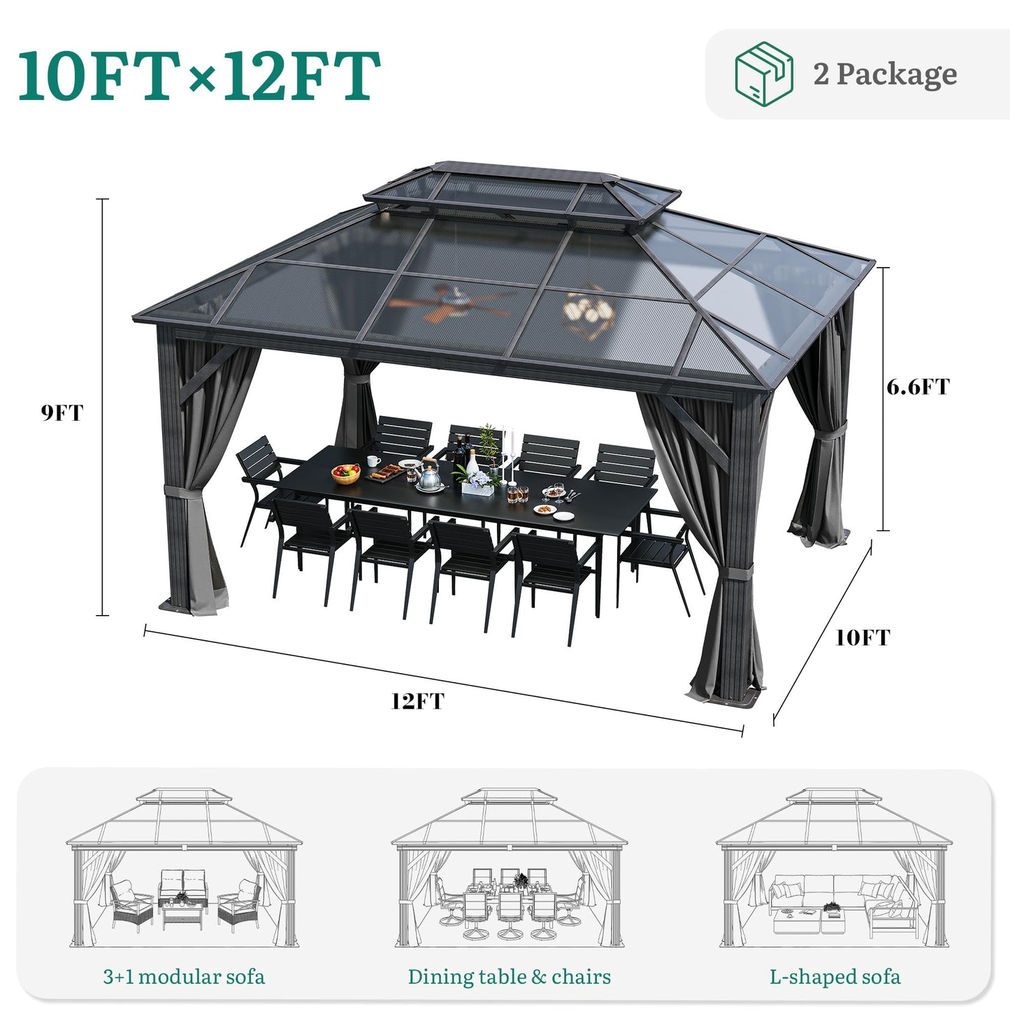 YITAHOME 10X12FT Polycarbonate Gazebo Outdoor Patio Double Top Canopy Galvanized Iron Garden Tent Curtains Netting for Backyards Decks Lawns,Gray