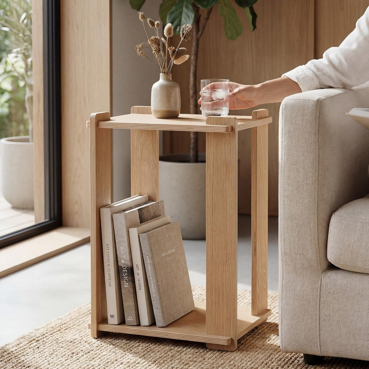 monohomi Wood Side Table, Tool-Free Mortise and Tenon Boho Japandi Night Stand, Light Wooden Natural Finish (Oak)