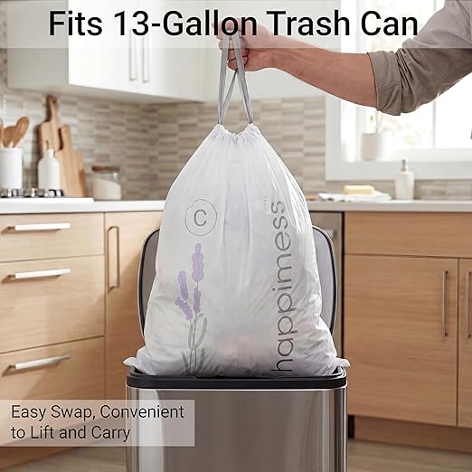 happimess 13.2 Gallon Drawstring Trash Bags, Lavender Scent, Heavy Duty MDPE