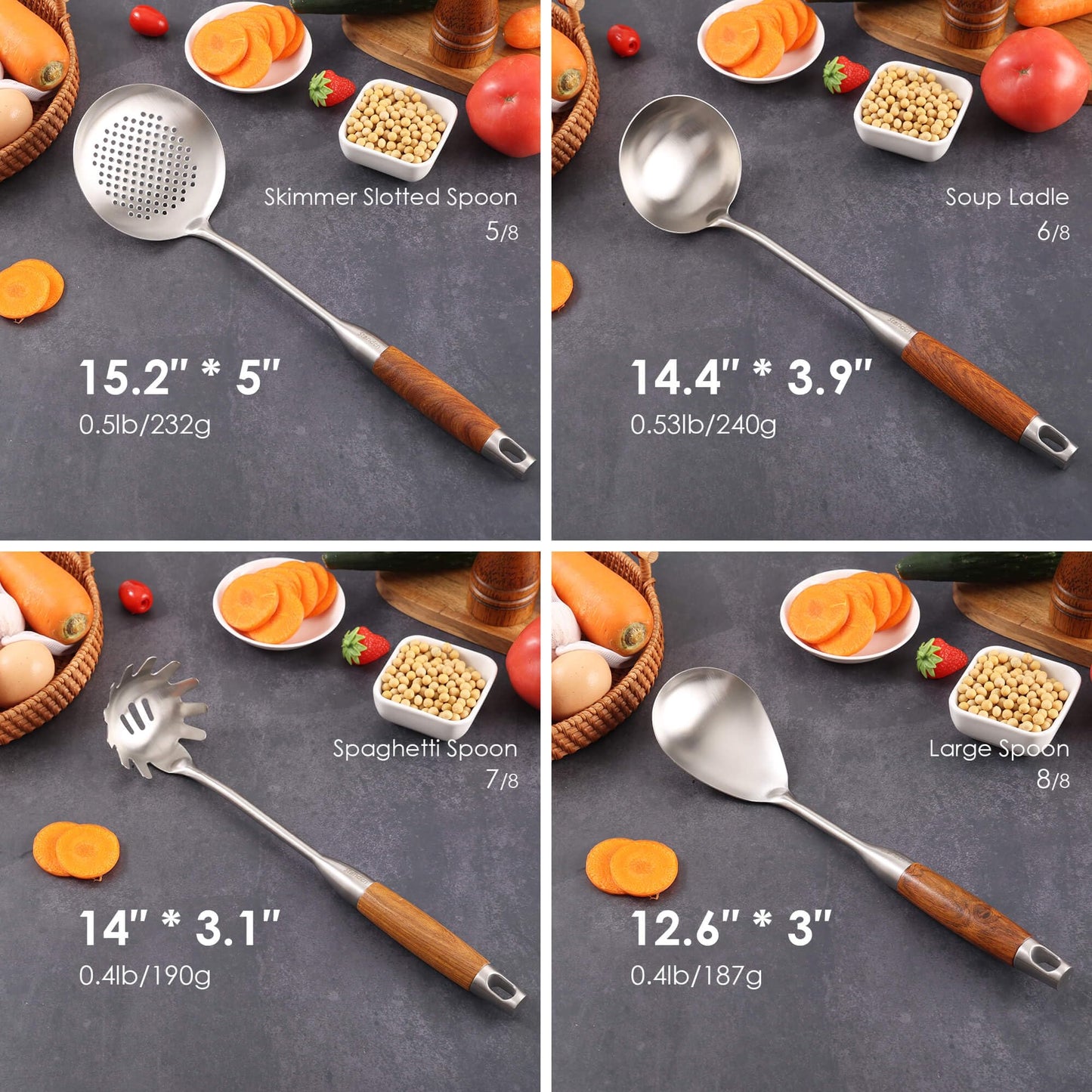 18/10 Stainless Steel Kitchen Utensils Set with Wood Handle - 15”Metal Cooking Tools & Serving Utensil, 8-Pieces Cooking Spoons Set - Spatula, Ladle, Skimmer, Turner, Pasta, Solid Spoon, Slotted Spoon