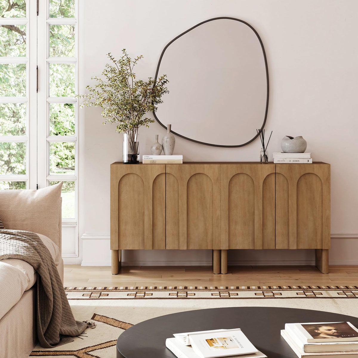 Nathan James Jett Mid Century Modern Wood Credenza Storage Cabinet, Modular Arched Door Cabinet with Solid Wood Legs, Light Brown