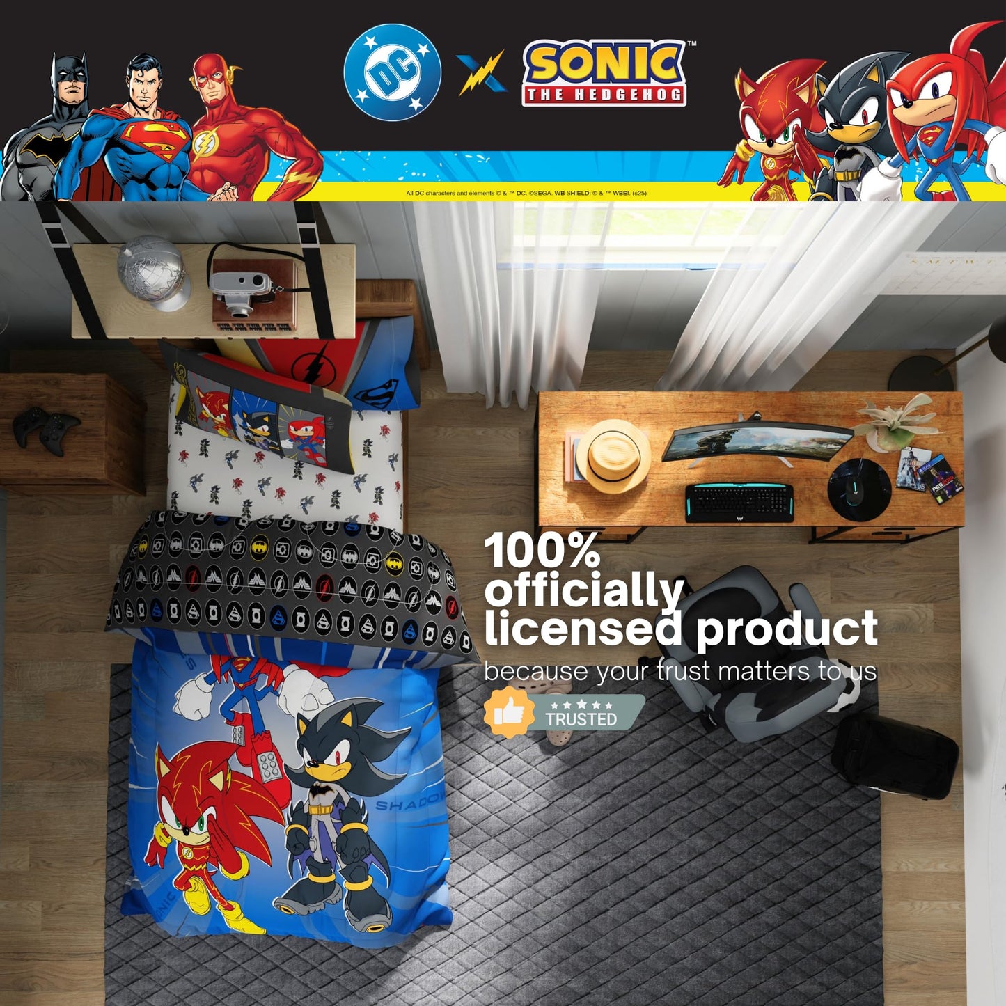 DC x Sonic The Hedgehog Kids Bedding Set, Twin Size, 4-Piece Super Soft Cozy Reversible Comforter & Sheet Set (Officially Licensed Product) by Franco