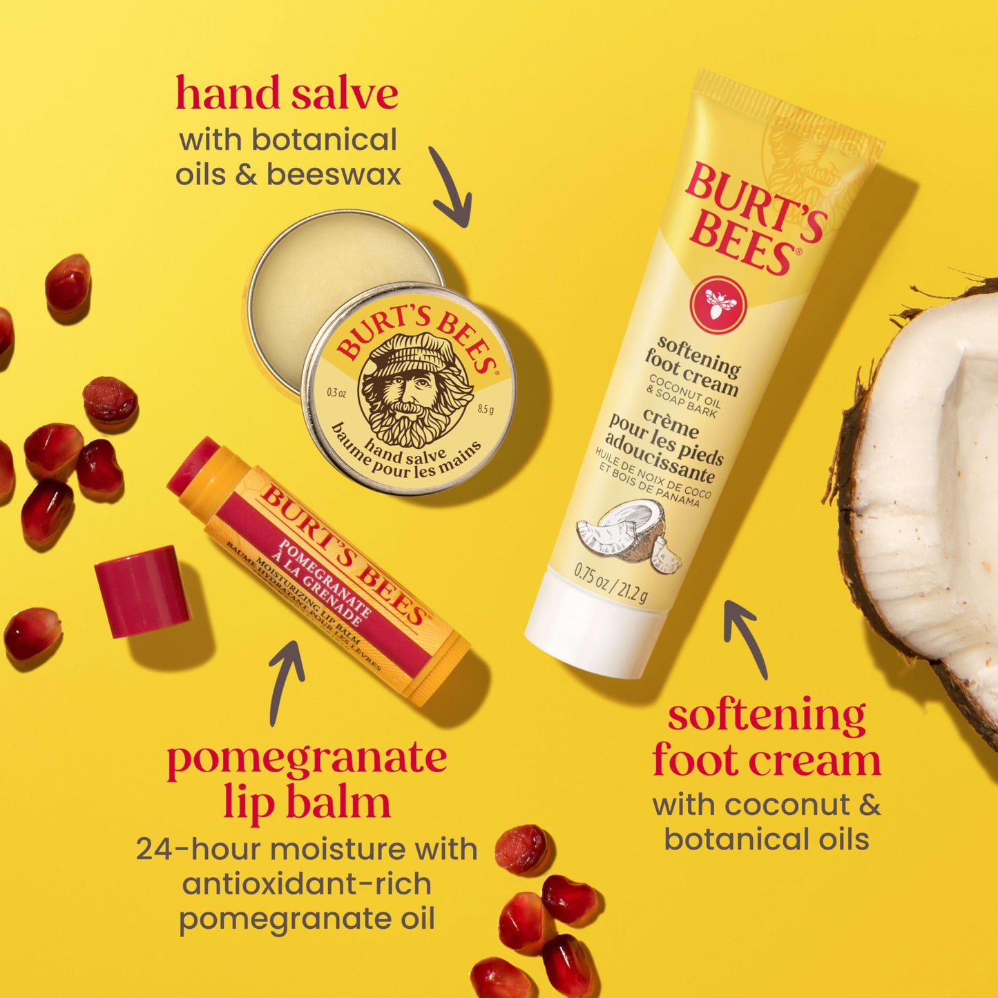 Burt's Bees Christmas Gifts - Tips and Toes Kit, 6 Travel Size Products for Stocking Stuffers - Pomegranate Moisturizing Lip Balm, 2 Hand Creams, Foot Cream, Cuticle Cream, and Hand Salve