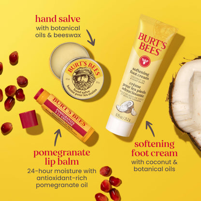 Burt's Bees Christmas Gifts - Tips and Toes Kit, 6 Travel Size Products for Stocking Stuffers - Pomegranate Moisturizing Lip Balm, 2 Hand Creams, Foot Cream, Cuticle Cream, and Hand Salve