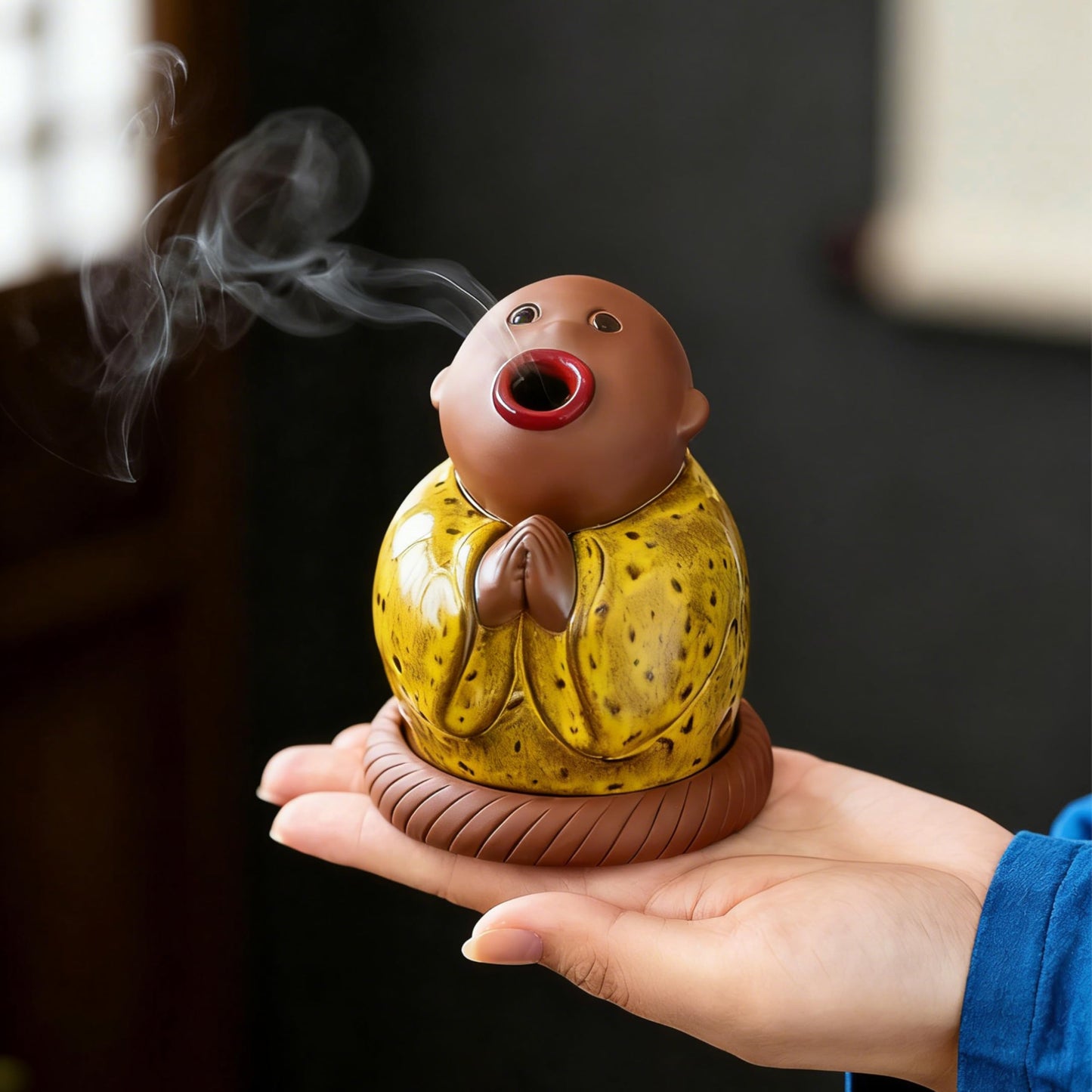 Ceramic Little Monk Incense Burner for Cones & Sticks, Cute Buddha Incense Holder with Mouth Smoke Effect, Zen Home Decor Meditation Gifts