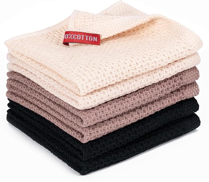BOOMIBOO 6-Pack Kitchen Dish Cloths, 100% Cotton Waffle Weave, Ultra Soft