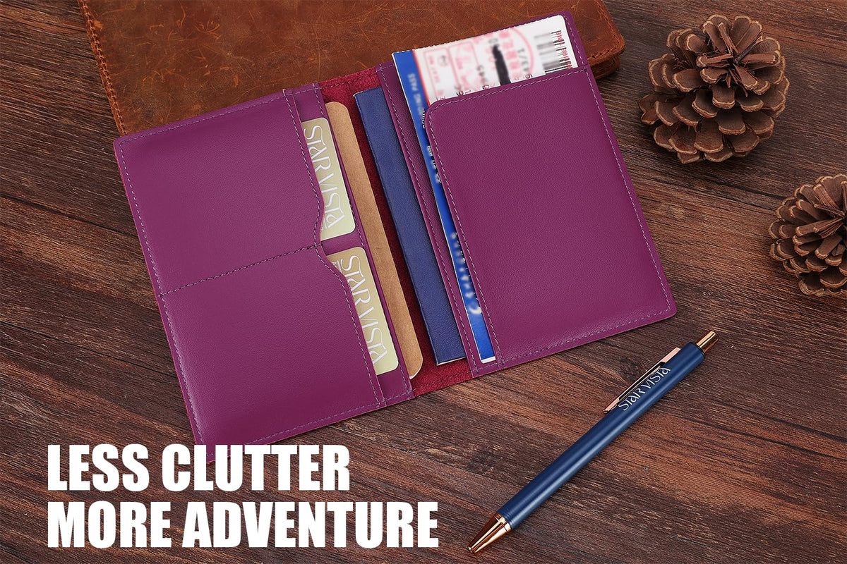 STAR VISTA Albatross Leather Travel Passport Holder, Minimalist Design, Calfskin Leather Case for Women and Men - Slim Passport Wallet, Bifold, RFID Blocking, Violet
