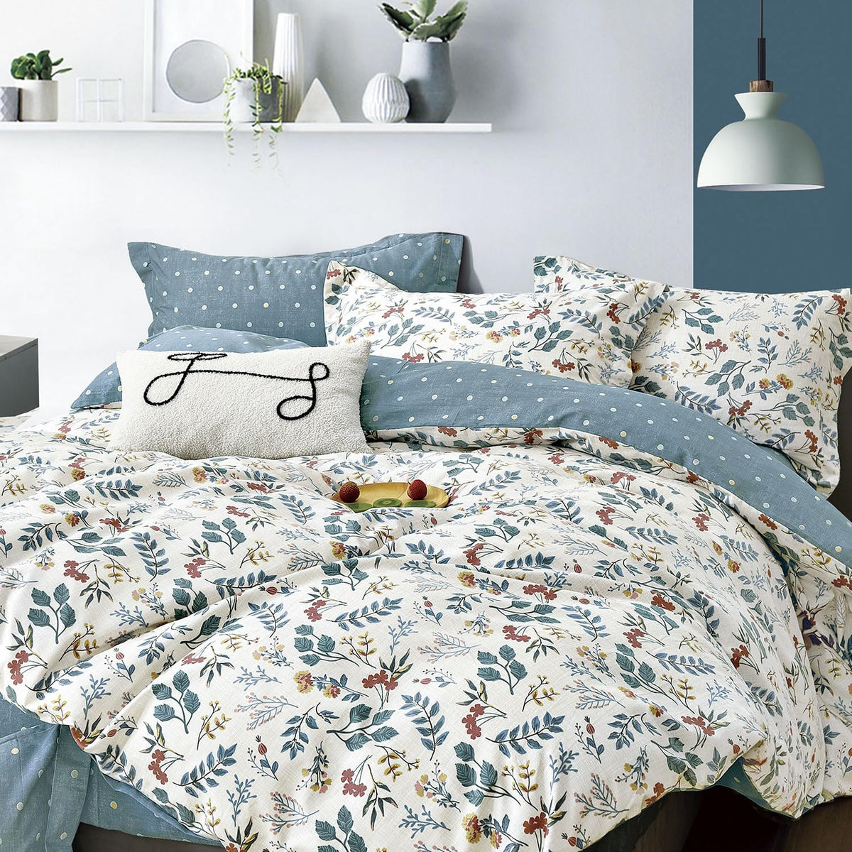 LEMIROE Botanical Cotton Comforter Queen Size - Lake Green Comforter with Dusky Blue & Warm Rust Leaves on Ivory,Reversible Lightweight Bedding Sets 3Pcs(Polka Dot)