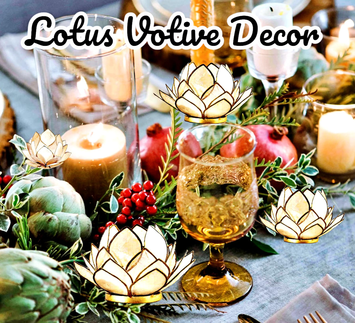 Contrast Natural White Capiz Shell Opening Lotus Flower Bulb Tealight Candle Holder, Tan, One Size