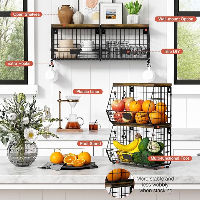 Hanging Wall Fruit Basket for Kitchen Counter 2 Pack, Stackable Wire Baskets