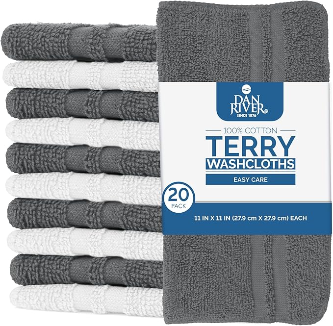 DAN RIVER 100% Cotton Washcloths 20 Pack Premium Quality Face and Body Cloth