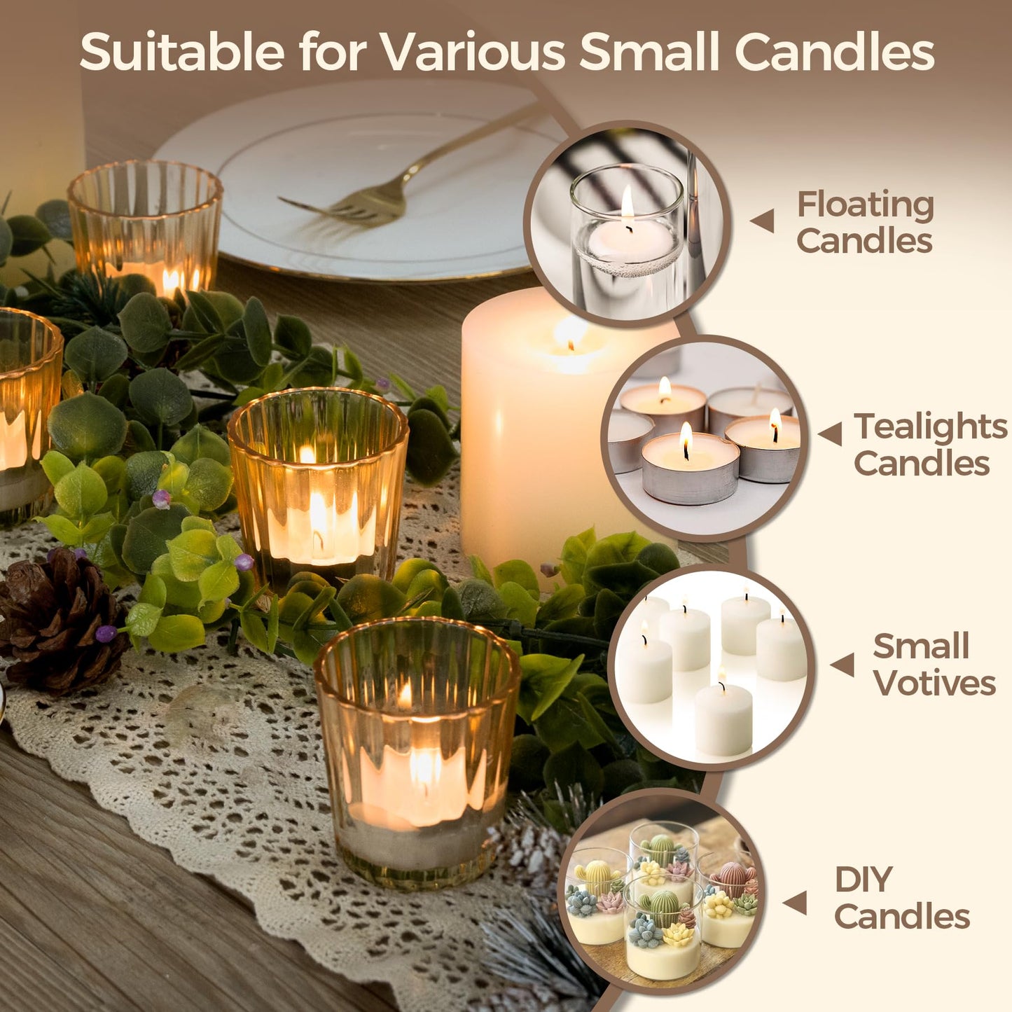 ComSaf Votive Candle Holders, 6 PCS Glass Candle Holders, Ribbed Tealight Candle Holder for Table Centerpieces, Gold Candle Holder for Wedding, Party, Baby Shower, Special Occasions, Fall Home Decor