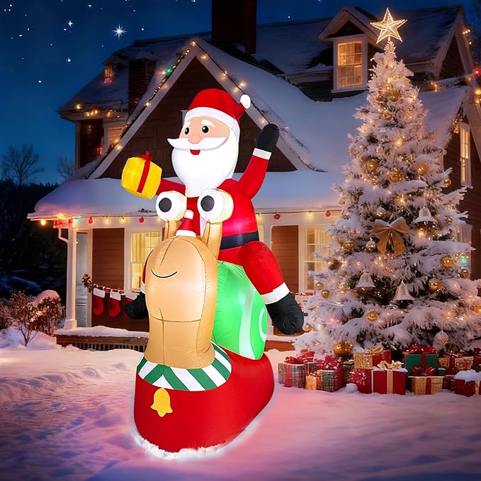 6 FT by 4.8 FT Christmas Inflatables Outdoor Decorations,Blow Up Santa Claus Riding Snail with Built-in LED Lights,Christmas Inflatables with Gift Box for Xmas Party Holiday Indoor Yard Lawn Garden