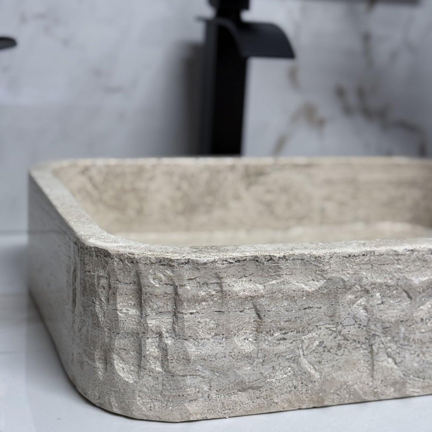 Shades of Nature Rectangular Travertine Vessel Sink, Natural Stone Wash Basin, Hand-Carved Bathroom Sink, Chiseled Exterior, Polished Interior, Above Counter Vanity (Soap Tray Included)