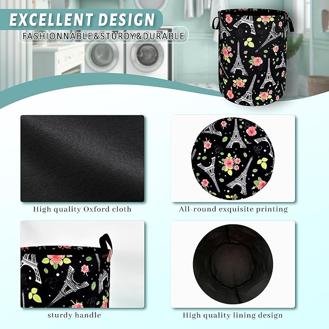 Retro Eiffel Tower Laundry Hamper Rose Flower Colorful Laundry Basket
