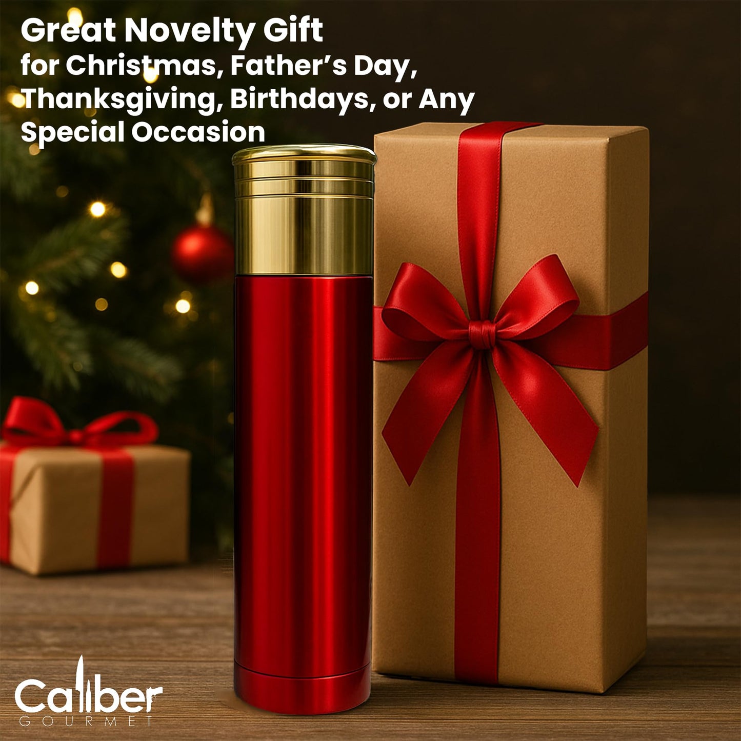 Caliber Gourmet 12 Guage Shotgun Shell Thermos Bottle 32 Ounces, Vacuum Insulated Stainless Steel Bullet Thermos – Novelty Hunting Thermos Gift for Christmas – Great for Camping Gear, Bold Red