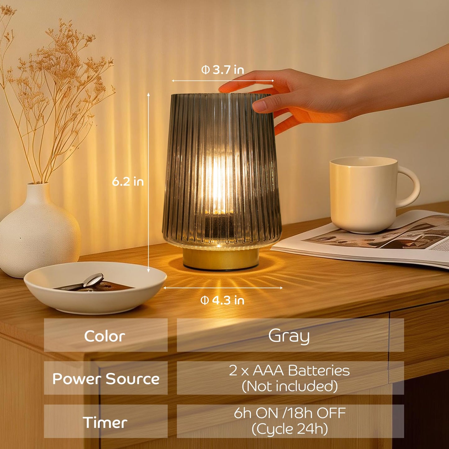 LUSHARBOR Battery Operated Lamp with Timer, Small Cozy Table Lamp for Dorm Room, Aesthetic Cordless Bedside Battery Lamp for Living Room/Shelf/Office Desk/Side Table Grey