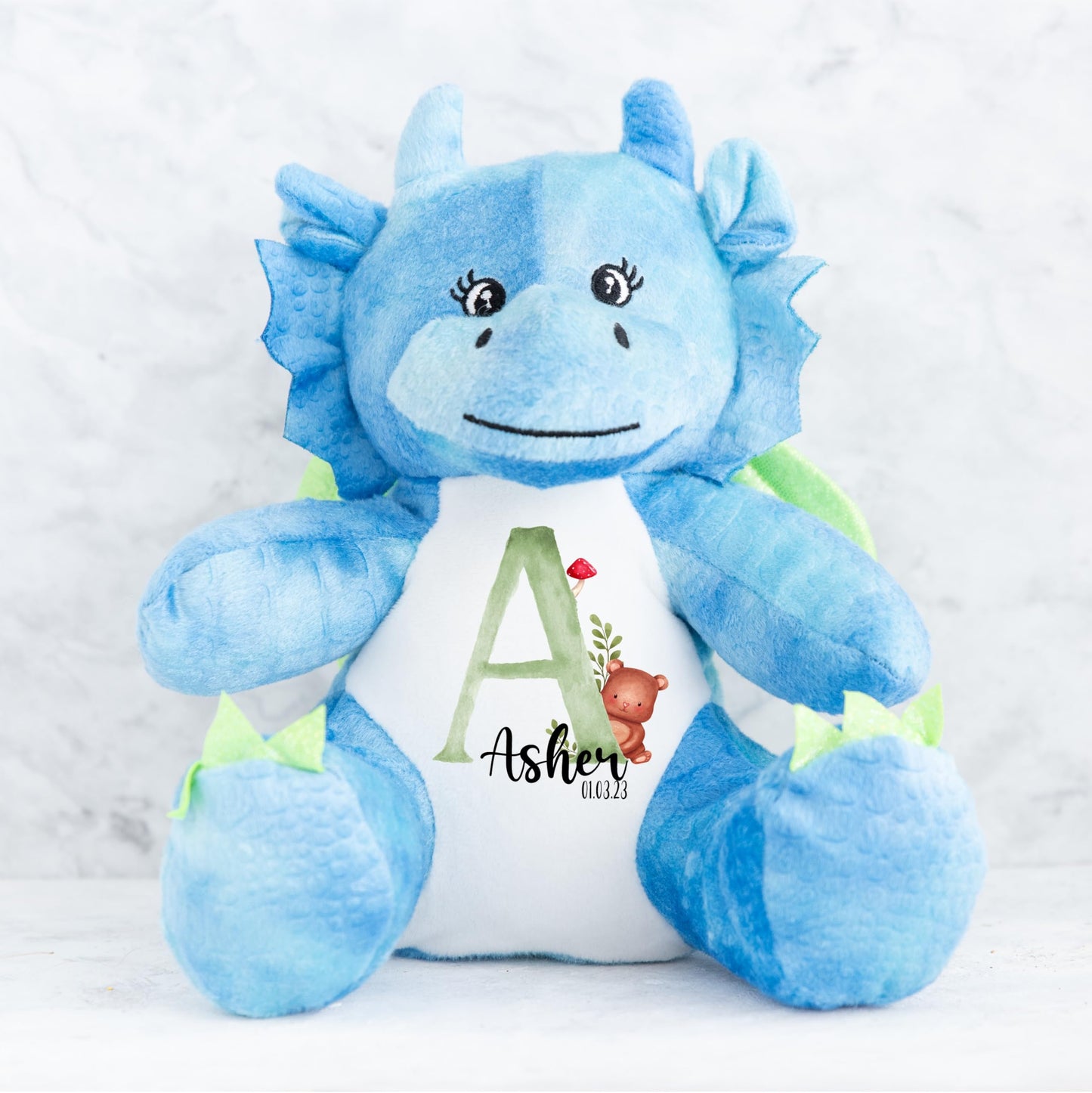 Crafted Memories - Personalised Teddy | Velveteen Bunny Soft Toy | Customisable Name for Newborns | Keepsake for Boys & Girls | Baby Shower Item | Green Initial | Grey or White, 20-23cm