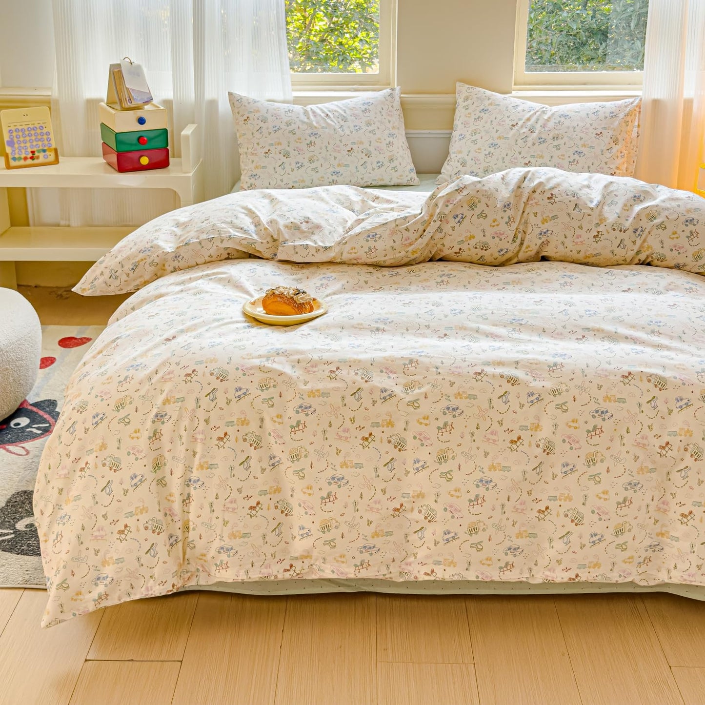 LIWHENHAO Car Duvet Cover Set Queen 100% Cotton Bedding Cartoon Truck Train Airplane Helicopter Print 1 Cute Vehicles Comforter Cover Full 2 Pillowcases for Kids Girls Boys Woman