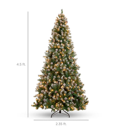 Best Choice Products 4.5ft Pre-Lit Pre-Decorated Pine Artificial Christmas Tree w/ 450 Flocked Frosted Tips, 32 Pinecones, 175 Lights, Base - Green