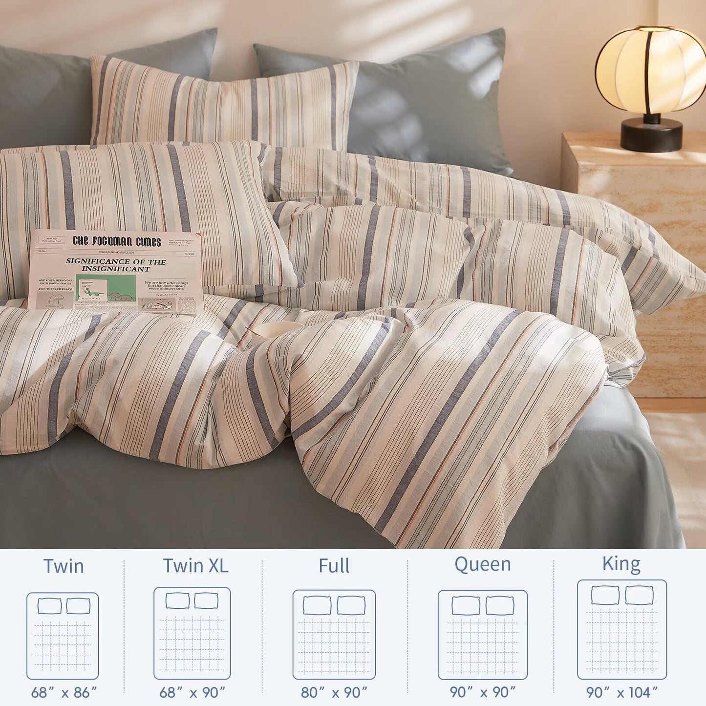 AMZTOP 100% Cotton Duvet Cover Set Queen Size Blue Striped Design,Soft Breathable Comfy Washed Cotton Bedding Set for All Season,Chic Simple Zipper Textured Durable Quilt Covers 90"×90"