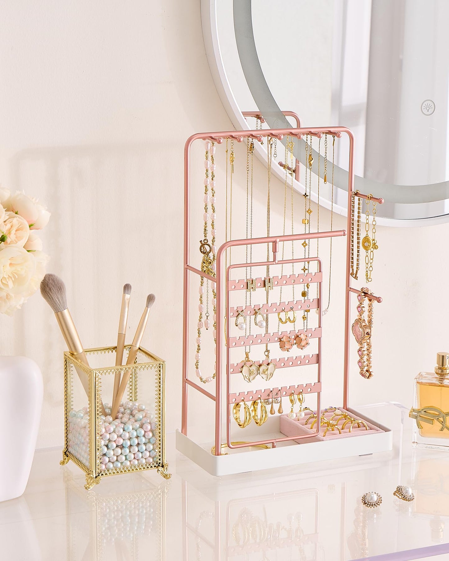 ProCase Jewelry Stand Holder Organizer, Jewelry Display Storage with Ring Tray, Rotating Earring Bracelet Necklace Holder, Valentine's Gifts Room Dorm Decor for Teen Girls -Rosegold (No-Assembly)
