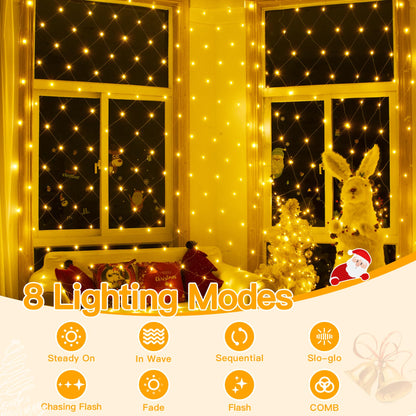 Ollny Net Lights Outdoor Mesh Light 10x7ft, 210LED Clear Wire Connectable Christmas Net Lights with 8 Modes, IP67 Waterproof Bush Light for Tree Wall Ceiling Outside Decorations, Warm White