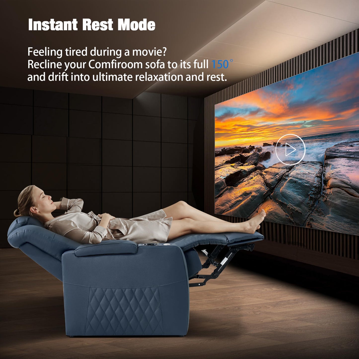 comfiroom Top Grain Leather Home Theater Seating, Classic Series Game Seats Movie Recliner Theater Chairs Recliner Sofa with Type-C Charger Bedroom Sofa Chair for Living Room (Blue, Row of 1)
